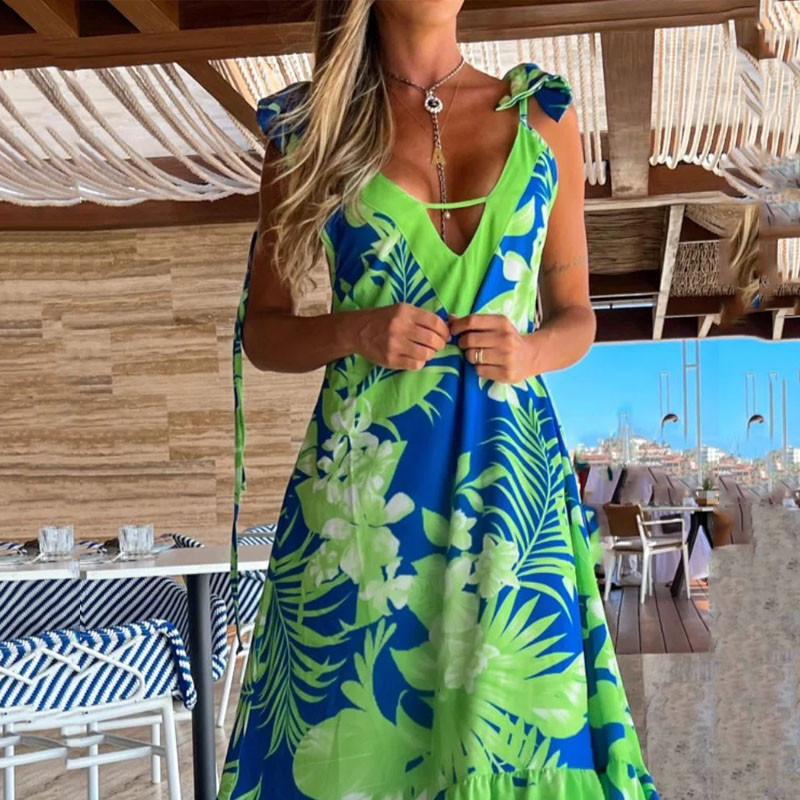Women's Fashion Sleeveless Tie V Neck Print Loose Party Maxi Dress