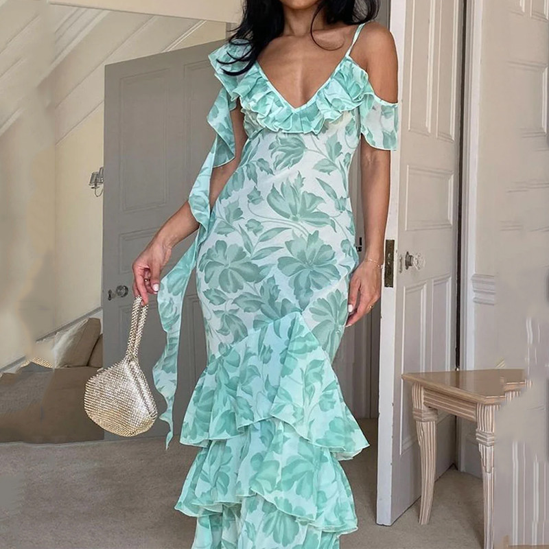 Women's Elegant Sleeveless Ruffle V Neck Printed Slim Layered  Wedding Guest Dress