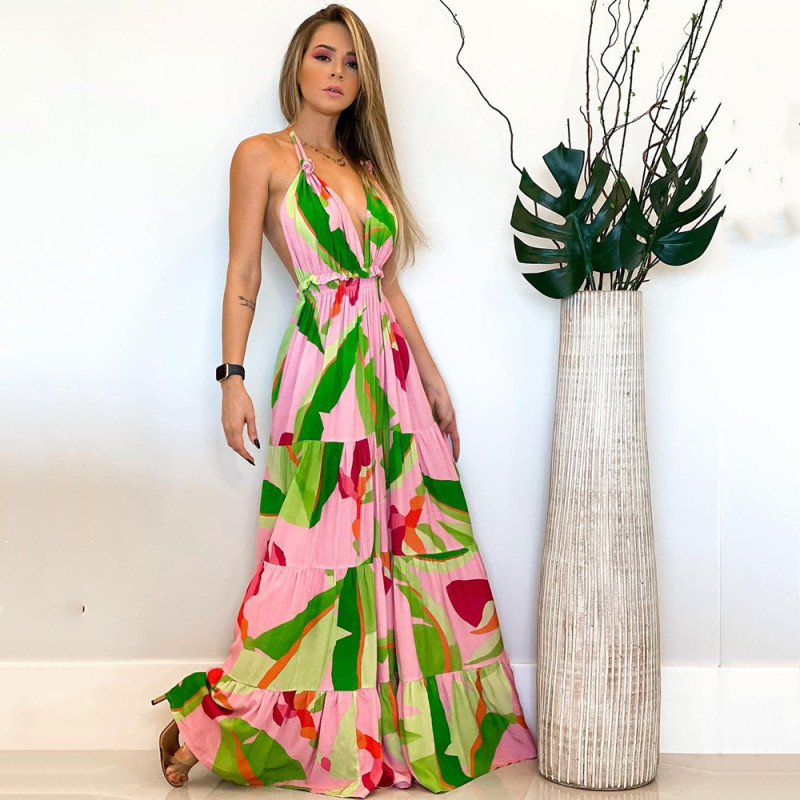 Women's Deep V Backless Party Fashion Bohemian Floral Sling Maxi Dress