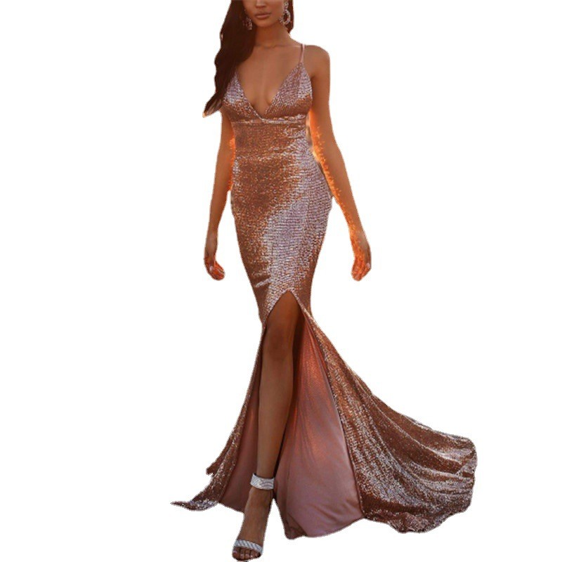 wedding dress sexy shine steam gold bare-back birthday party annual star dress evening dress 1260