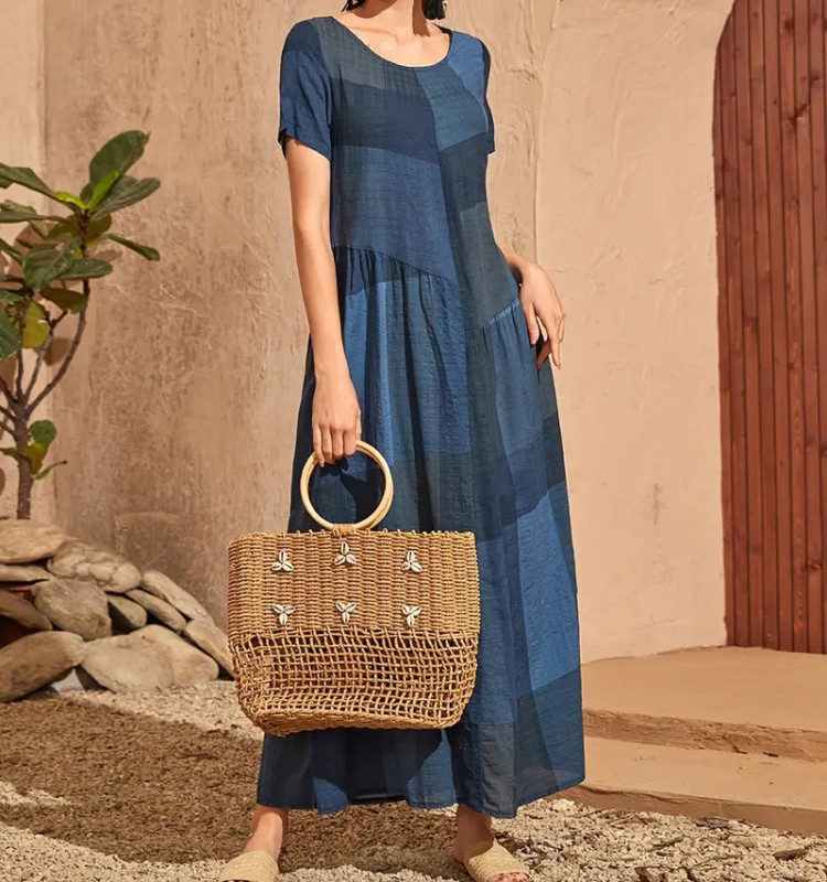 Summer Fashion Retro Loose Pocket Casual Plaid Print  Maxi Dress