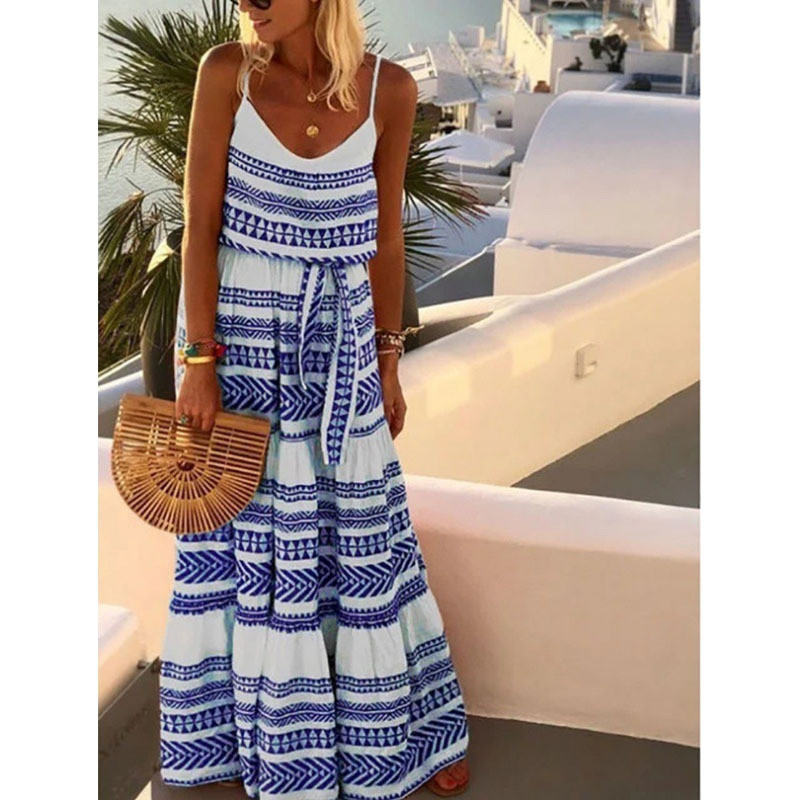 Women's Bohemian Style Fashion V Neck Printed Beach Sling Maxi Dress