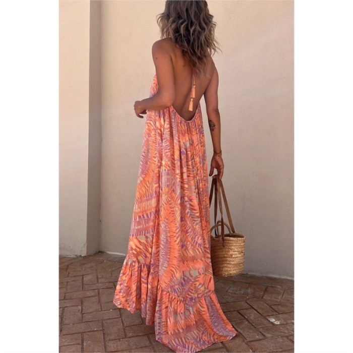 Elegant Women's Sexy Camisole Fashion Print Backless Loose Maxi Dress