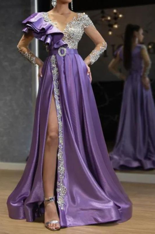 Women's Party Fashion Sexy V Neck Rhinestone Elegant Slit High Waist Wedding Guest Dress