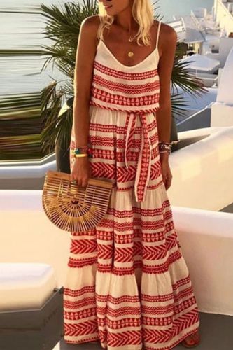 Women's Bohemian Style Fashion V Neck Printed Beach Sling Maxi Dress
