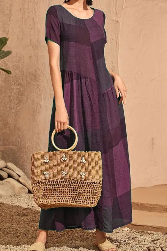 Summer Fashion Retro Loose Pocket Casual Plaid Print  Maxi Dress