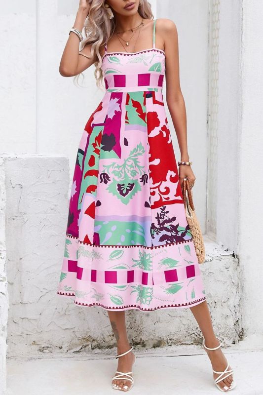 Women's Sexy Printed Sling Sleeveless Fashion Party Swing  Maxi Dress