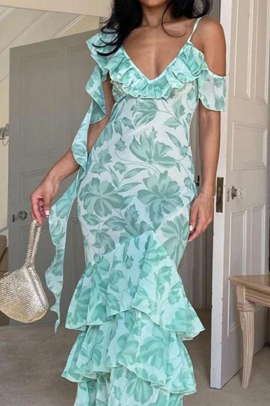 Women's Elegant Sleeveless Ruffle V Neck Printed Slim Layered  Wedding Guest Dress