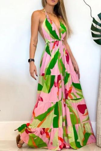 Women's Deep V Backless Party Fashion Bohemian Floral Sling Maxi Dress