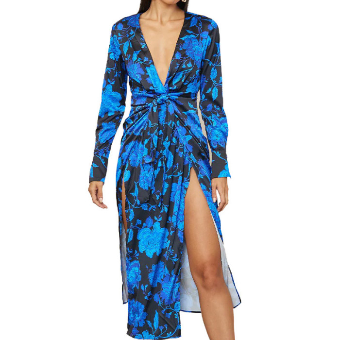 Summer Temperament Fashion Elegant Print Sexy Slit Party Maxi Dress