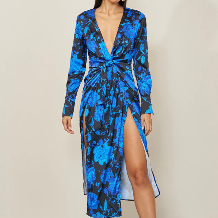 Summer Temperament Fashion Elegant Print Sexy Slit Party Maxi Dress