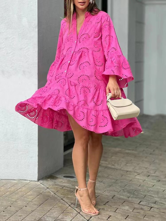 Loose Lace Fashion Trumpet Sleeve Embroidered Sexy Hollow Pattern Party Casual Dress