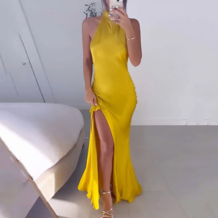 Women's Sexy Elegant Solid Color Backless Sleeveless Ties Party Wedding Guest Dress