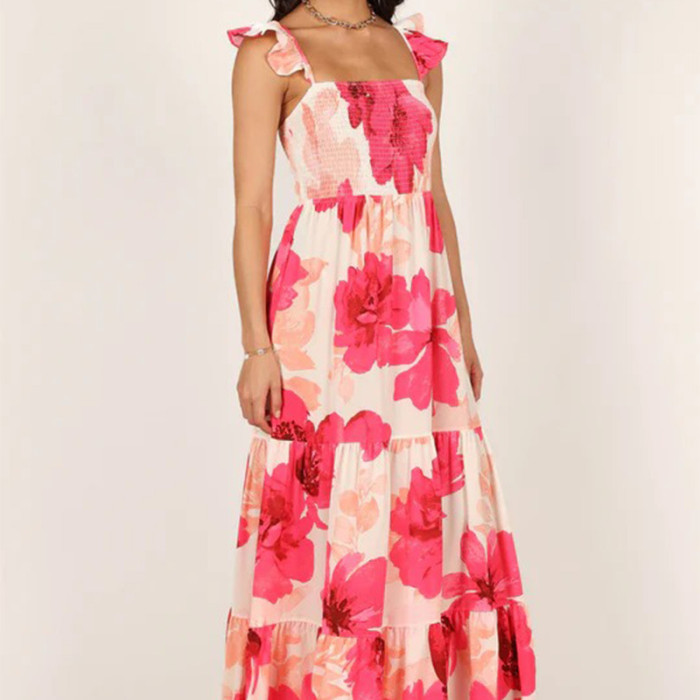 Women's Sexy Beach Bohemian Sleeveless Floral Print Slanted Neck Maxi Dress