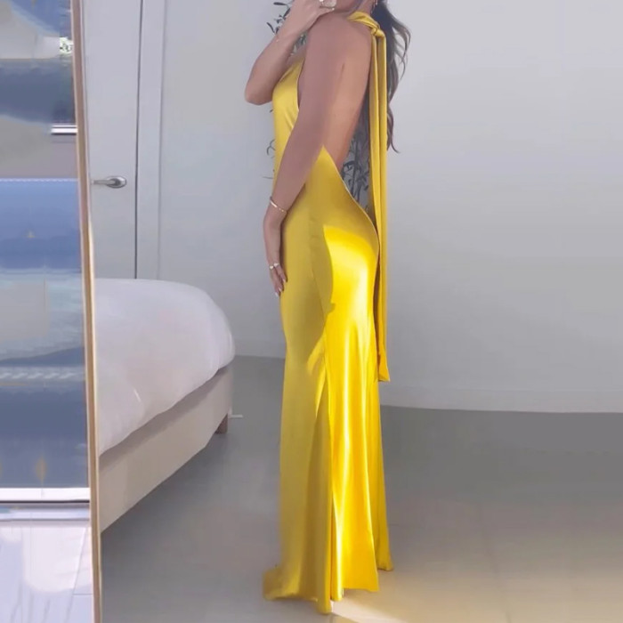 Women's Sexy Elegant Solid Color Backless Sleeveless Ties Party Wedding Guest Dress