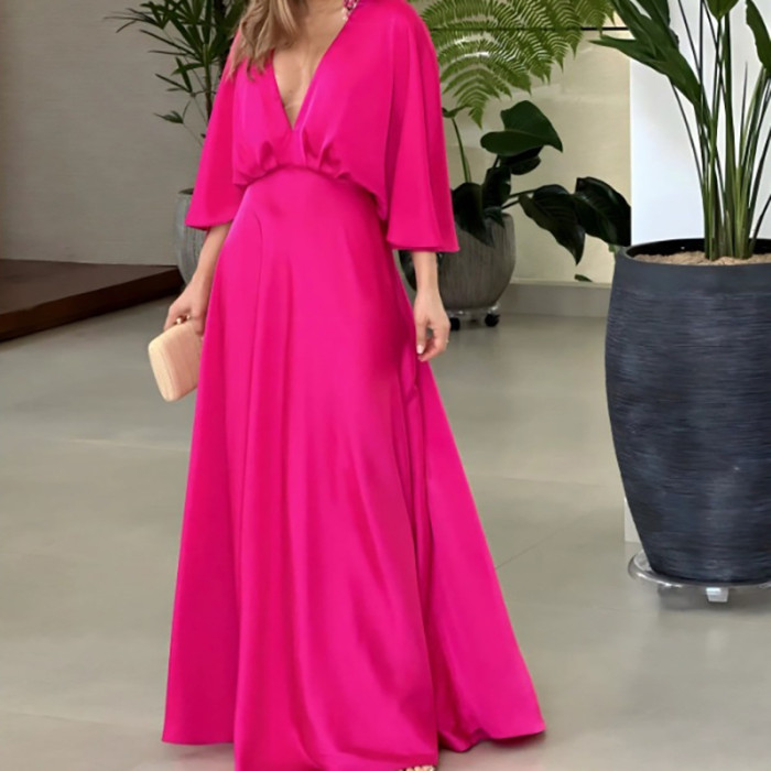 Fashion Solid Color Sexy V Neck Batman Sleeves Elegant Party Swing Maxi Dress