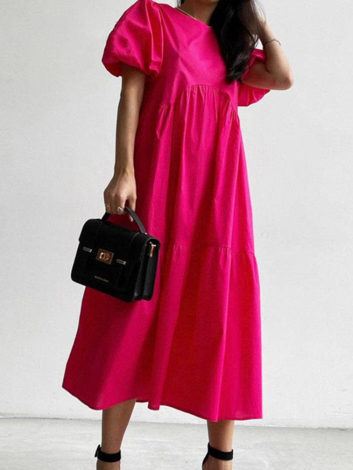 Women's Summer Temperament Solid Color Casual O-Neck Loose Beach Maxi Dress