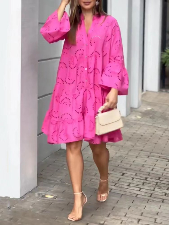 Loose Lace Fashion Trumpet Sleeve Embroidered Sexy Hollow Pattern Party Casual Dress