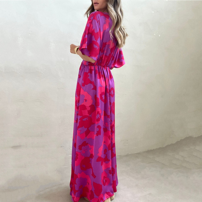 Women's Fashion Printed V-Neck Bohemian Slit Loose A-Line Maxi Dress