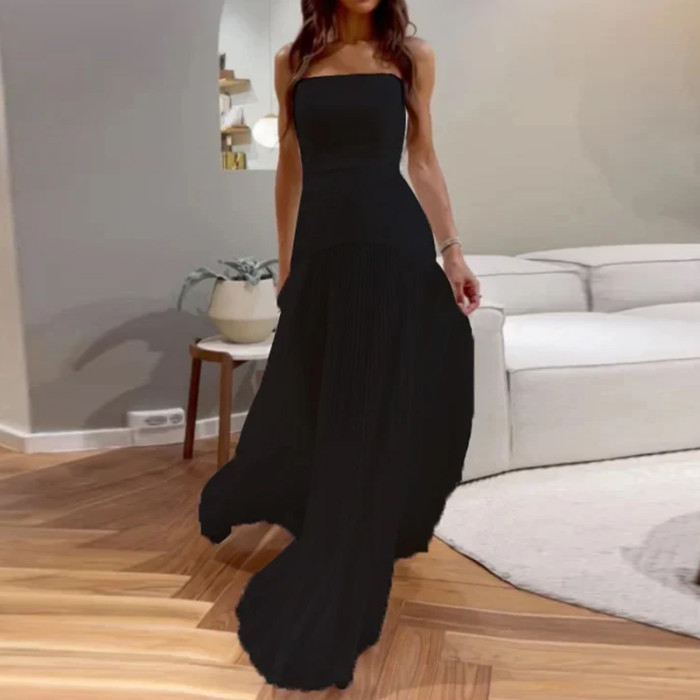 Women's Summer Fashion Pleated Solid Color Sleeveless Slim Waist Maxi Dress