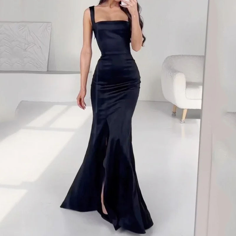 Women's Fashion Elegant Solid Color Camisole Sleeveless Square Neck Slit Wedding Guest Dress