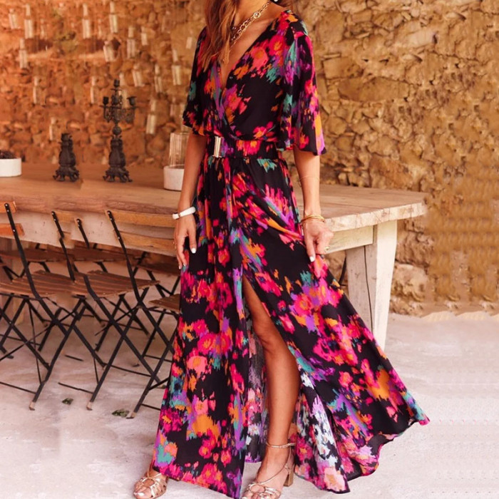 Elegant Deep V Neck Half Sleeve Fashion Casual Graphic Printing Slit Party Maxi Dress