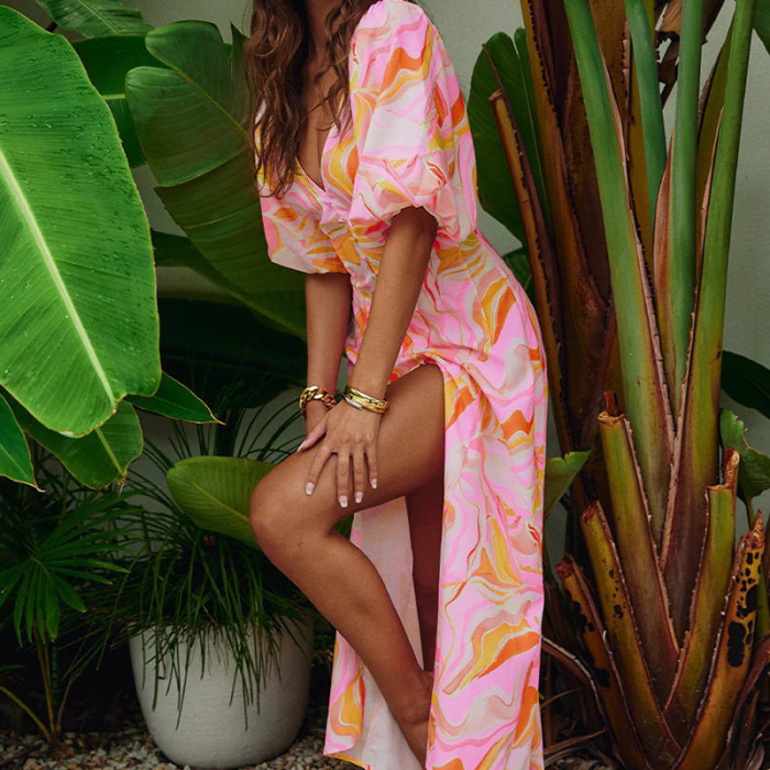 Summer Sexy Boho Style Elegant Printed V-Neck Slit  Maxi Dress