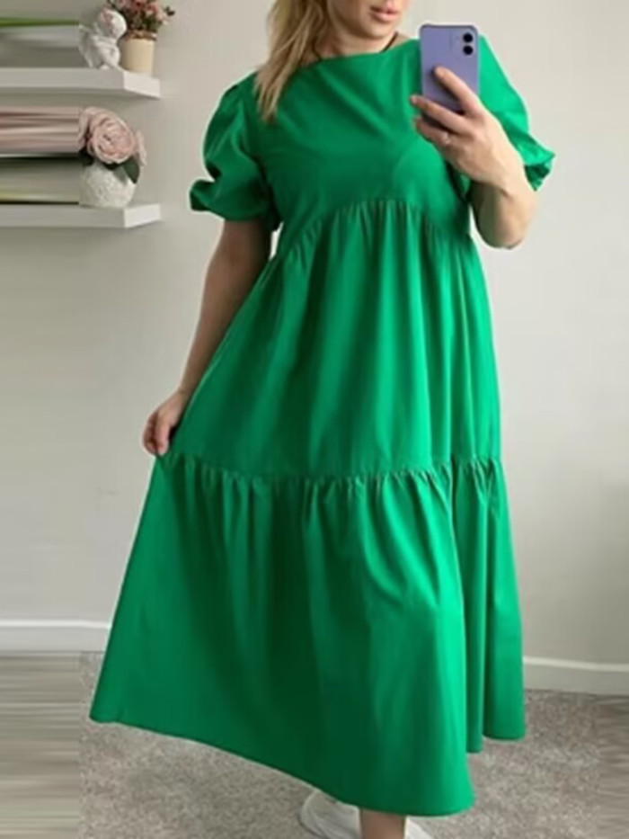 Women's Summer Temperament Solid Color Casual O-Neck Loose Beach Maxi Dress