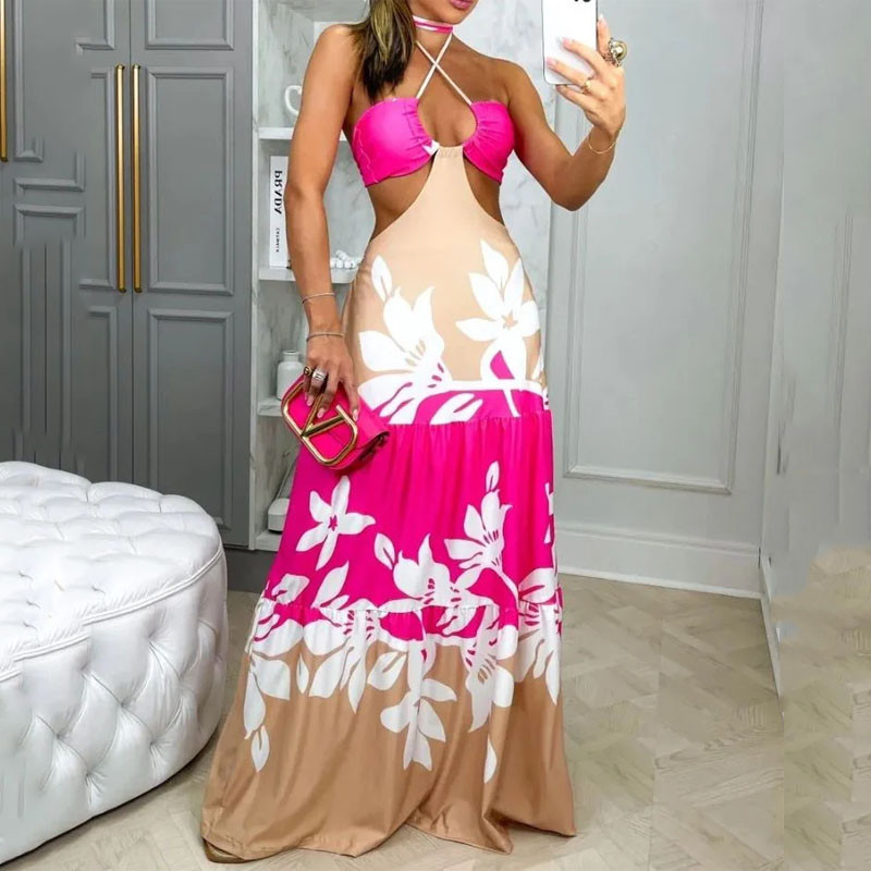 Women's Summer Fashion Halter Neck Sleeveless Print Lace Backless Hollow  Maxi Dress