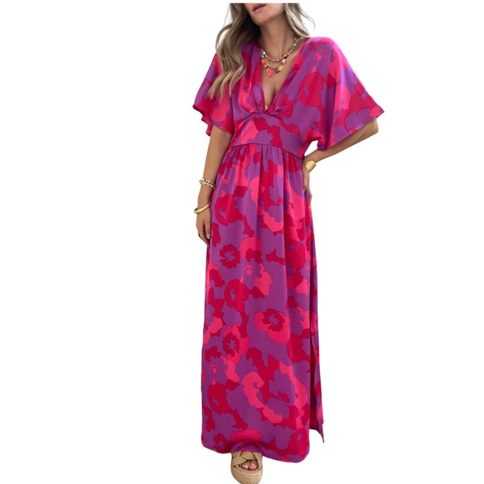 Women's Fashion Printed V-Neck Bohemian Slit Loose A-Line Maxi Dress