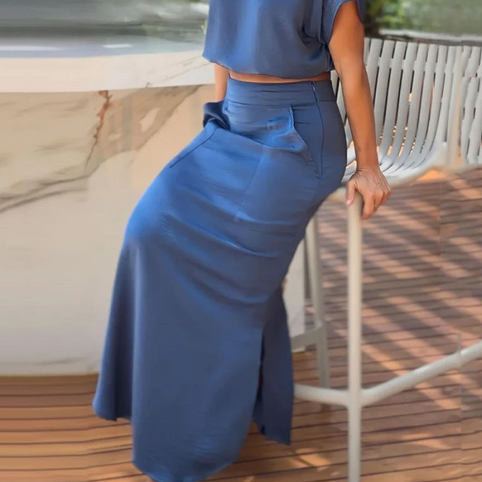 Women's Fashion Summer Casual Short Sleeve Top Loose Maxi Dress Two-Piece Set