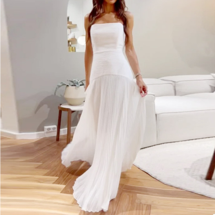 Women's Summer Fashion Pleated Solid Color Sleeveless Slim Waist Maxi Dress