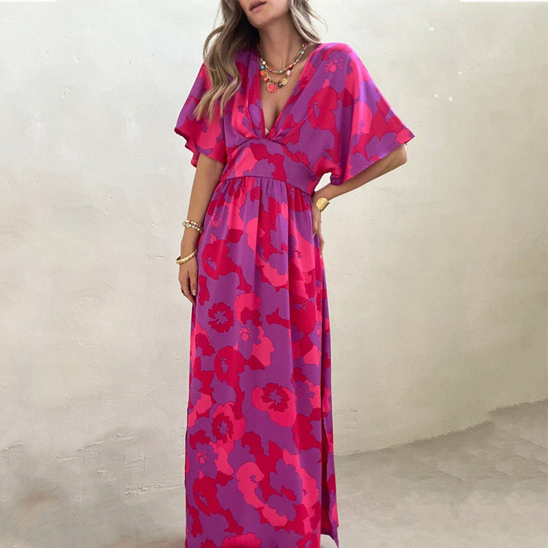 Women's Fashion Printed V-Neck Bohemian Slit Loose A-Line Maxi Dress