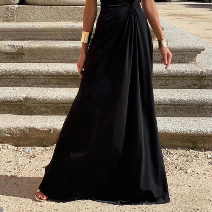 Women's Fashion Elegant Long Sleeve Lapel V Neck Solid Color Party Maxi Dress