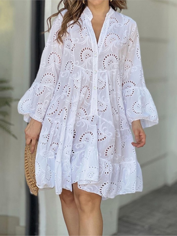 Loose Lace Fashion Trumpet Sleeve Embroidered Sexy Hollow Pattern Party Casual Dress