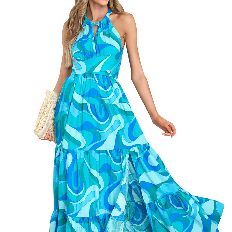 Elegant Floral Printed Hollow Out Sling Maxi Dress Sexy Backless Sleeveless High Waist A Line Long Prom Dresses main image 1