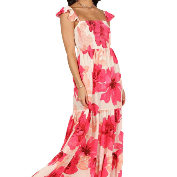Women's Sexy Beach Bohemian Sleeveless Floral Print Slanted Neck Maxi Dress