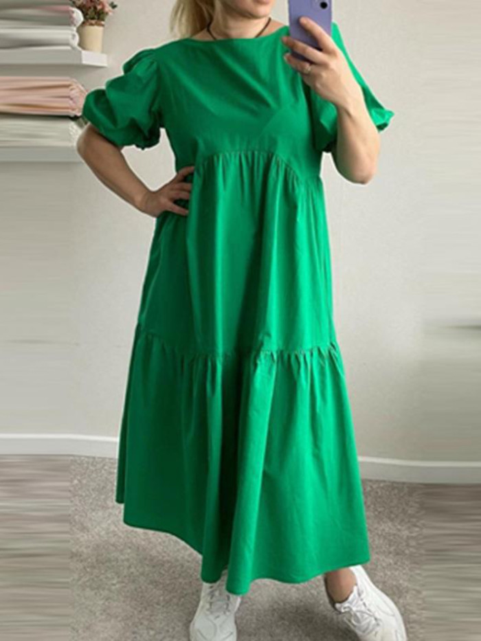 Women's Summer Temperament Solid Color Casual O-Neck Loose Beach Maxi Dress