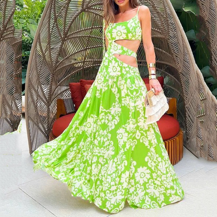 Summer Fashion Sexy Casual Halter Sleeveless Printed Hollow Slit Elegant Maxi Dress