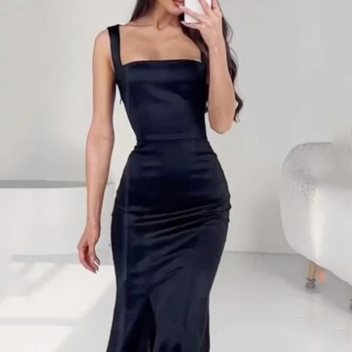Women's Fashion Elegant Solid Color Camisole Sleeveless Square Neck Slit Wedding Guest Dress