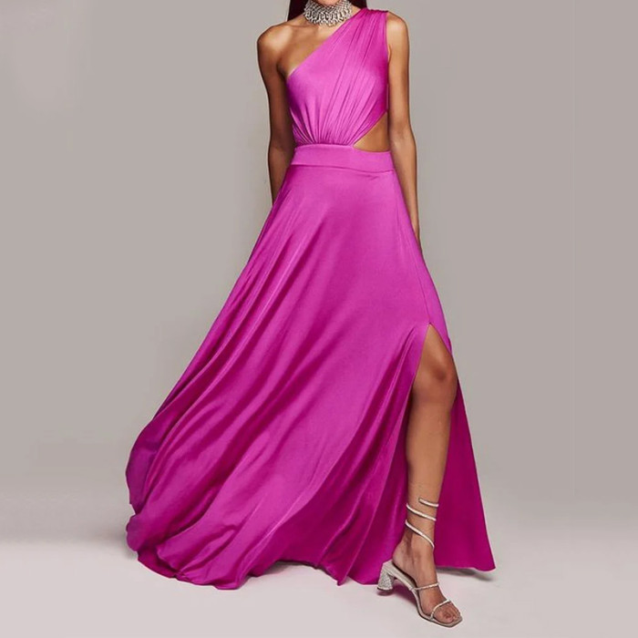 Women's Elegant Solid Color One Shoulder Sleeveless Cutout Slim Slit Wedding Guest Dress