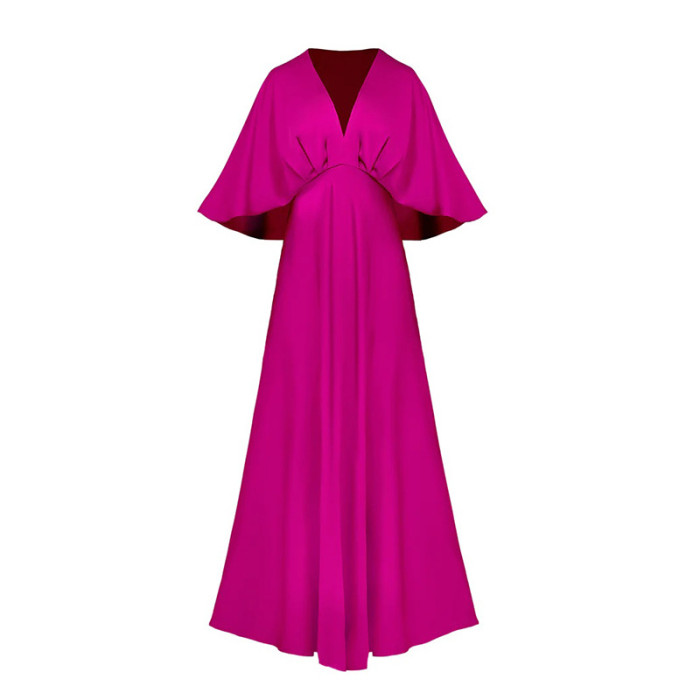 Fashion Solid Color Sexy V Neck Batman Sleeves Elegant Party Swing Maxi Dress