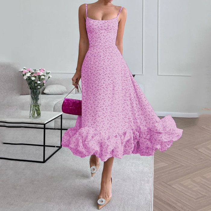 Fashion Sexy Round Neck Printed Halter Sleeveless Backless Elegant Party Wedding Guest Dress