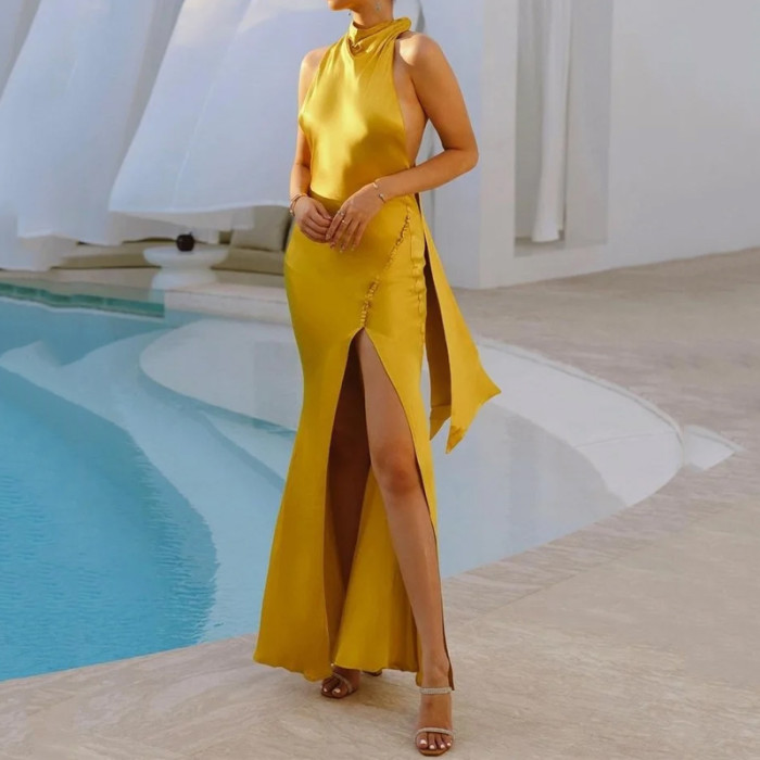 Women's Sexy Elegant Solid Color Backless Sleeveless Ties Party Wedding Guest Dress