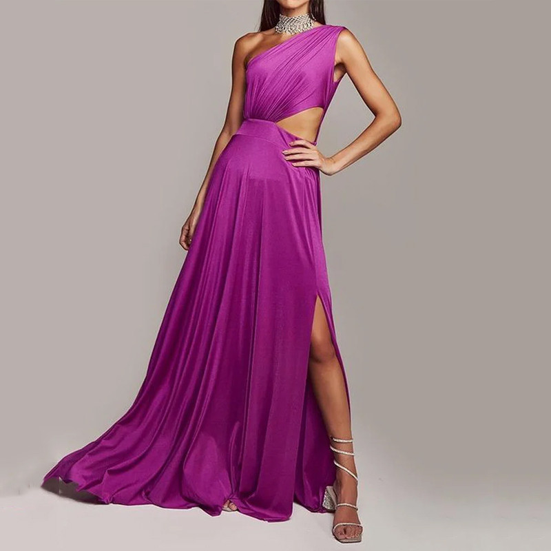 Women's Elegant Solid Color One Shoulder Sleeveless Cutout Slim Slit Wedding Guest Dress