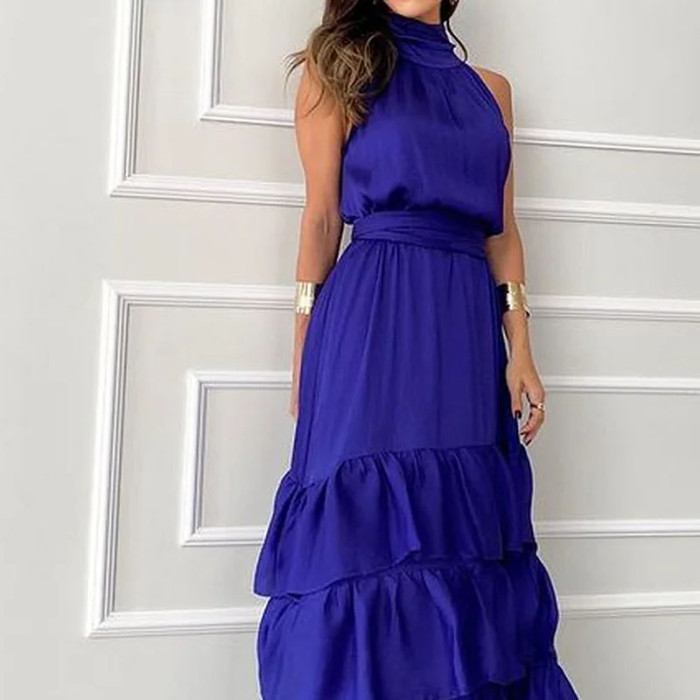 Women's Sexy Fashion Solid Color Sleeveless Tie Slim Wedding Guest Dress