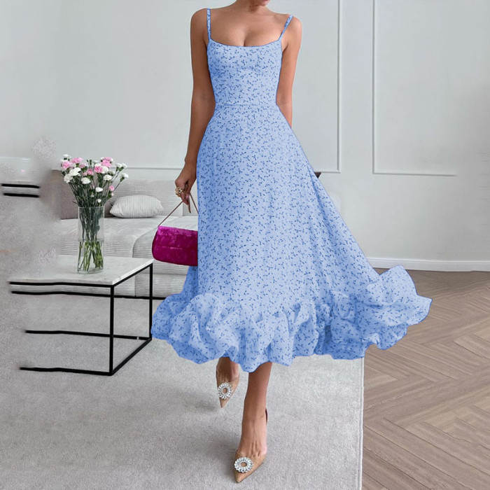 Fashion Sexy Round Neck Printed Halter Sleeveless Backless Elegant Party Wedding Guest Dress