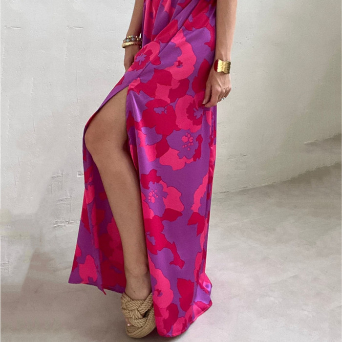 Women's Fashion Printed V-Neck Bohemian Slit Loose A-Line Maxi Dress