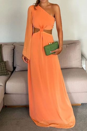 Summer Sexy Fashion Solid Color Slanted Shoulder Long Sleeve Pleated  Maxi Dress