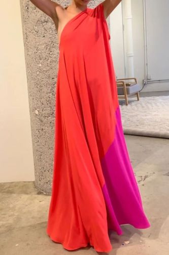 Fashion Casual Fashion Off Shoulder Sleeveless Loose Colorblock Holiday Party Maxi Dress